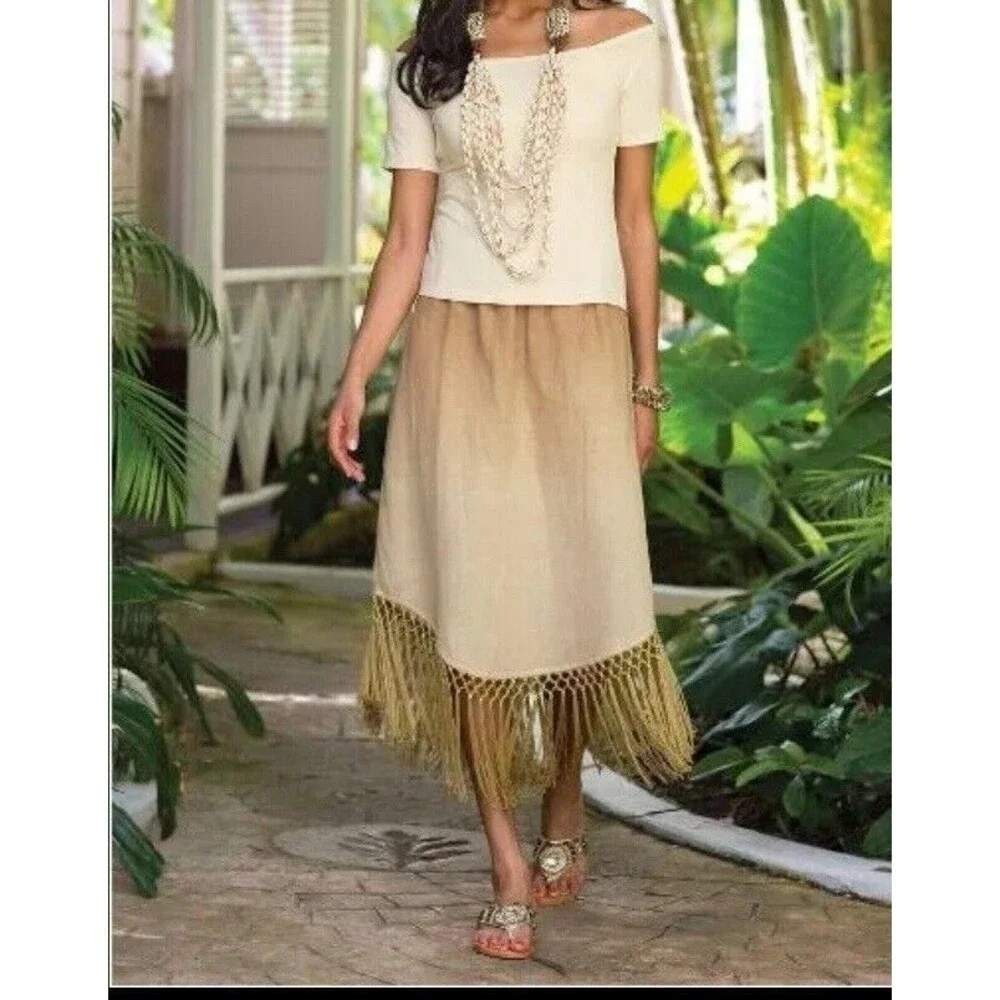 Soft Surroundings Fiesta Skirt Birch Tan Ombre Linen Blend Macrame Fringe Size M